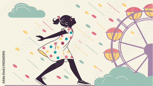 Joyful Girl Skating Under Colorful Rain with Ferris Wheel in Background