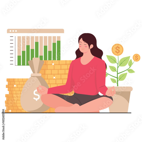 Financial Freedom Illustration. Vector illustration of A calm woman meditates in front of stacked coins, investment charts, and a money plant, symbolizing financial balance. Isolated on background