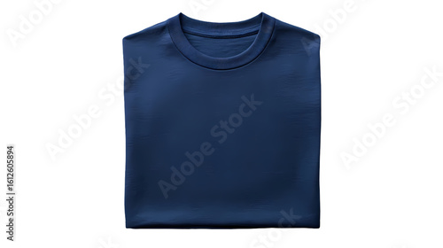 A folded navy blue sweatshirt with a round neck collar in a isolated on white background