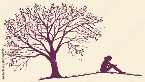 Silhouette of a Person Sitting Under a Leafless Tree in a Tranquil Environment