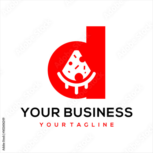 This logo combines the letter d and pizza, suitable for use in the food business.