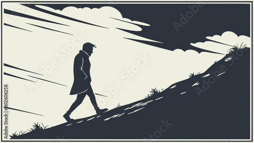 Silhouette of a Person Walking on a Hill Under Dramatic Cloudy Sky