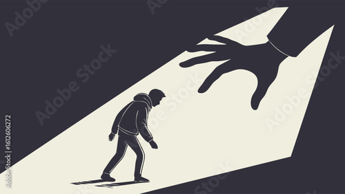 Silhouette of a Person Walking Under a Large Shadowy Hand in Contrast Light