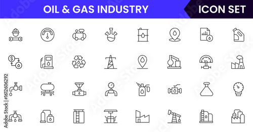Oil and gas  industry vector line icons featuring drilling rigs, pipelines, fuel tanks, refineries, pumps, energy resources, barrels, and extraction equipment.