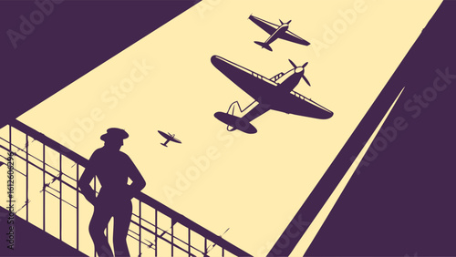 Silhouette of a Pilot Watching Vintage Aircraft in a Dramatic Sky at Dusk