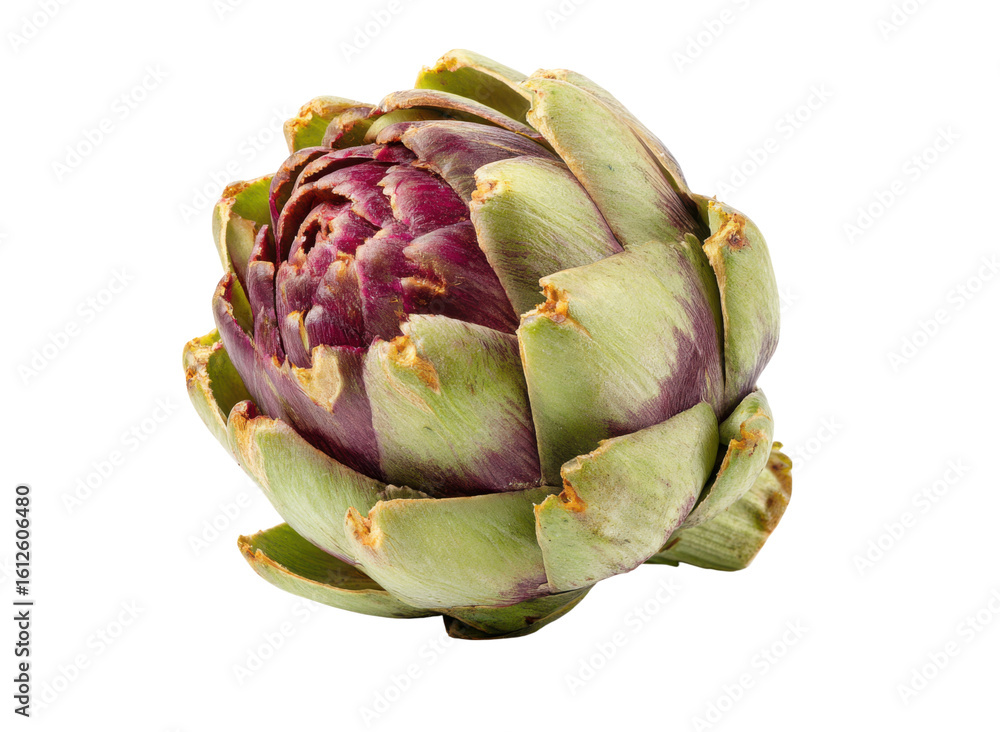 Obraz premium Purple green artichoke bloom with layered petals vegetable, Isolated, Png Transparent Background