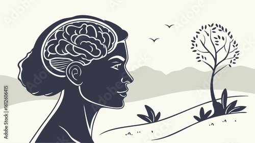 Silhouette of a Woman with Brain Composition Against a Serene Landscape