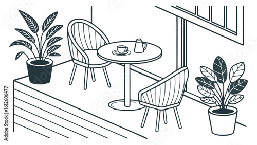 Cafe outdoor seating area with table chairs plants line art vector illustration for restaurant design concept