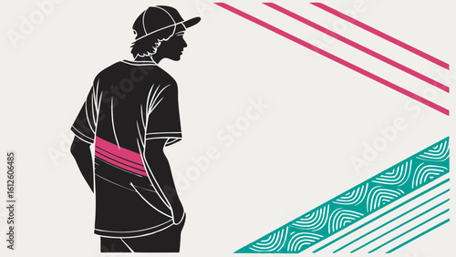 Silhouette of a Young Man in Casual Streetwear with Abstract Graphic Elements