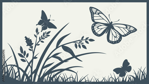 Silhouette of Butterflies and Grasses in a Calm Natural Scene