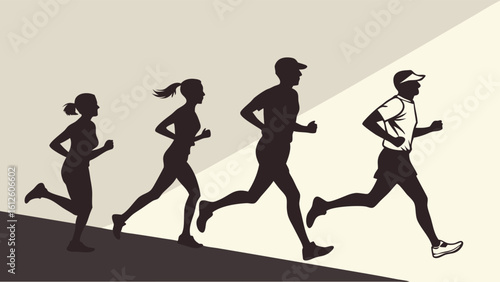 Silhouette of Four Runners in Motion During Outdoor Exercise Session
