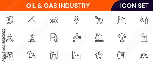 Oil and gas  industry vector line icons featuring drilling rigs, pipelines, fuel tanks, refineries, pumps, energy resources, barrels, and extraction equipment.