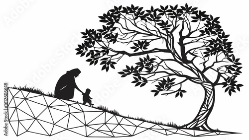 Silhouette of Parent and Child Sitting Under a Tree on a Hillside Retreat