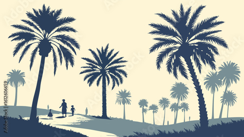 Silhouette of Palm Trees and People Walking Along a Scenic Pathway in Nature