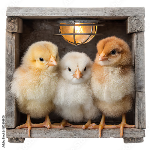 Three fluffy chicks in a wooden box under a warm light bulb on transparent background
