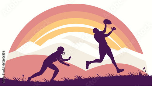 Silhouettes of Athletes Playing Football Against a Colorful Sunset Background