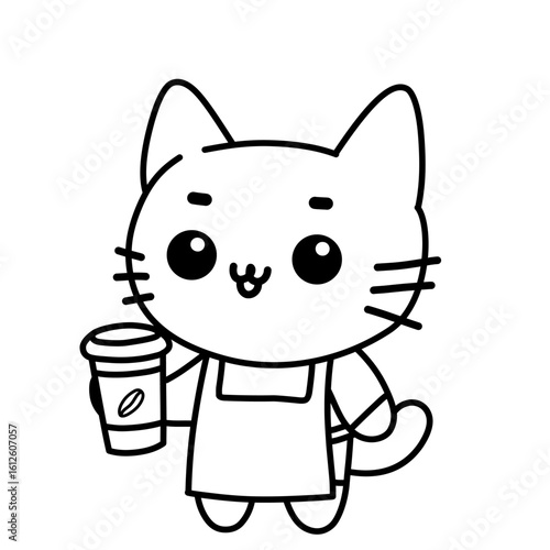 Vector illustration of a cartoon sketch of a cat wearing barista clothes, use as icon or logo, also good as sticker and colouring book.