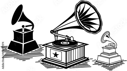 Vintage Gramophone Record Players on Display in a Retro Interior Setting