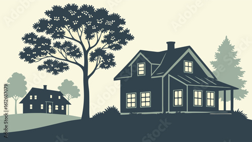 Vintage Silhouette of Two Houses and Trees in a Peaceful Rural Landscape