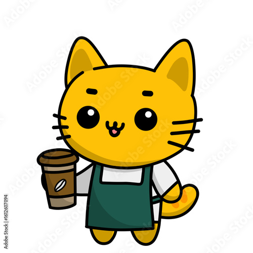 Vector illustration of a cartoon cat wearing barista clothes, use as icon or logo, also good as sticker.