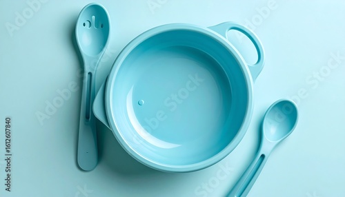 Light blue plastic bowl and two spoons on a matching background