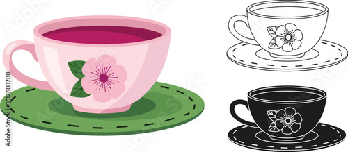 Vector teacup illustration with flower design for tea time and beverage related graphics