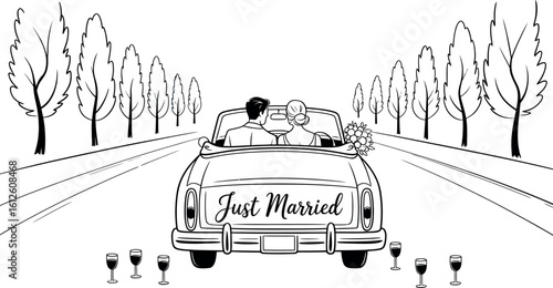 Newlyweds drive away in a convertible with just married sign