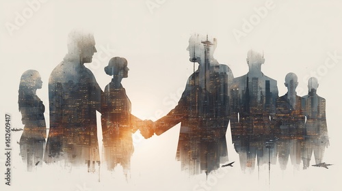 Silhouettes of diverse business team members shaking hands with a city overlay, concept for international partnerships, mergers and acquisitions, and global market expansion, senior executive