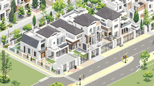Stunning isometric view of modern luxury homes with manicured gardens and sleek architecture on a quiet suburban street