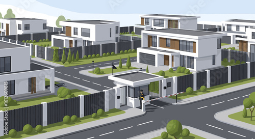 Modern luxury gated community with security guard and contemporary homes, showcasing upscale suburban living and safety.