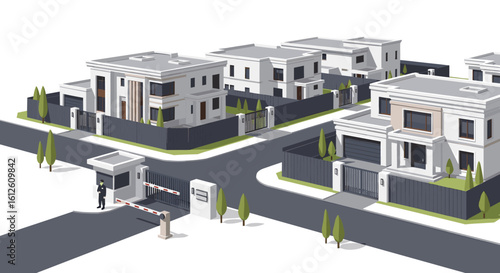 Secure gated community with modern luxury homes and vigilant security guard at entrance checkpoint