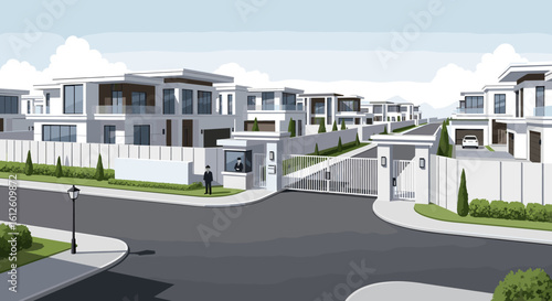 Secure gated community welcomes residents to modern luxury homes with attentive security guards at the entrance.