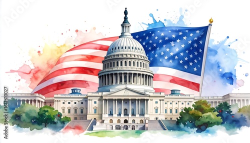 Watercolor Illustration of the United States Capitol Building with American Flag
