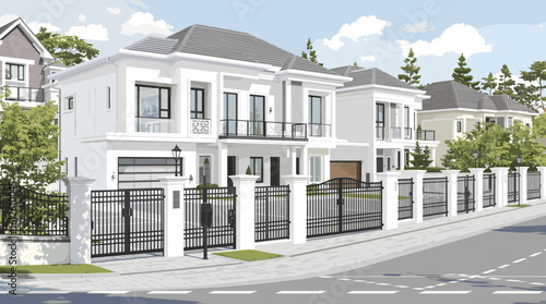 Stunning modern white luxury villas with black metal gates and manicured landscaping offer upscale residential living.