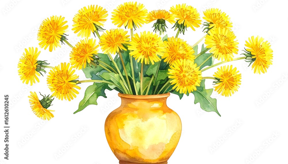 custom made wallpaper toronto digitalWatercolor illustration of vibrant yellow dandelions in a golden vase on white background