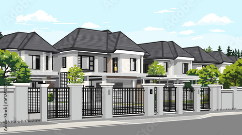 Stunning modern suburban homes with manicured landscaping and secure gated entrances, offering a glimpse of sophisticated living.