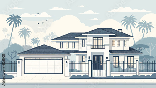 Stunning modern luxury mansion with palm trees and a serene sky, evoking upscale coastal living and architectural elegance.