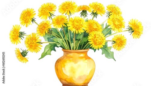 Wallpaper Mural Watercolor illustration of vibrant yellow dandelions in a golden vase on white background Torontodigital.ca