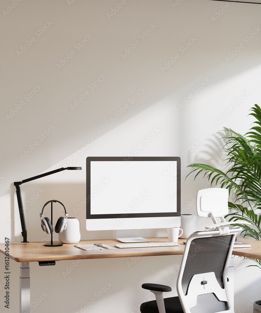 Fototapeta premium Poster Frame Mockup with Computer Screen in Modern Minimalist Home Office Interior