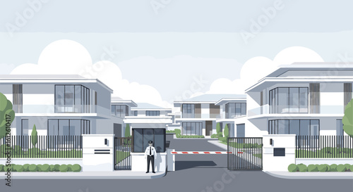 Modern gated community entrance with security guard and contemporary luxury homes under a cloudy sky
