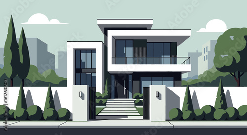 Modern luxury residence with clean lines and expansive glass windows, showcasing architectural brilliance and serene landscaping.