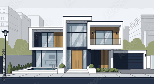 Modern luxury residence with swimming pool, balcony, and garage, set against a cityscape backdrop.