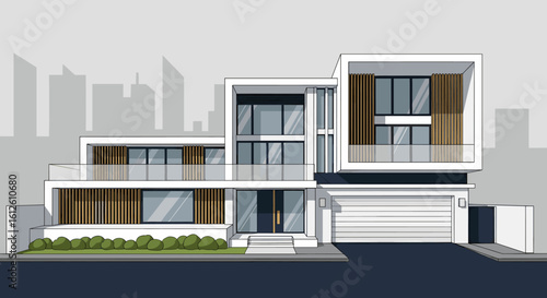 Modern architectural masterpiece showcasing sleek lines, expansive glass, and warm wood accents in a sophisticated urban setting.
