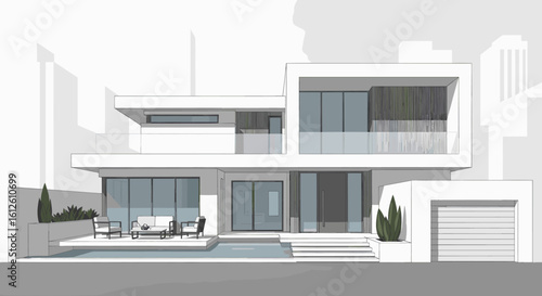 Stunning modern luxury villa design showcasing sleek architecture, expansive glass, a private pool, and city skyline backdrop for aspirational living