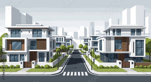 Modern luxury homes line a tree-lined street leading to a cityscape, showcasing sleek architectural design and upscale living.