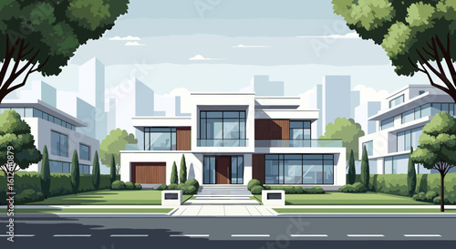 Stunning modern white residence with large glass windows and lush green landscaping, showcasing luxury living.