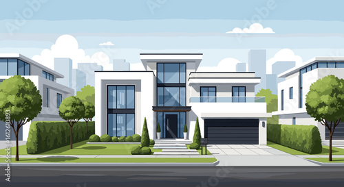 Stunning modern luxury homes with manicured landscaping and city skyline backdrop