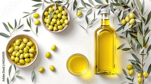 A top view of olive oil in a bottle and bowls with olives and olive branches on a white background