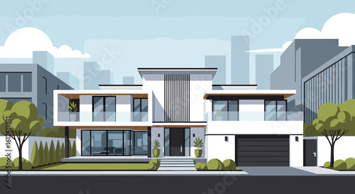 Stunning modern luxury home with sleek architecture, glass balconies, and manicured landscaping.