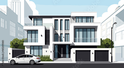 Stunning modern white villa with sleek design, glass balconies, and a luxury sedan parked out front